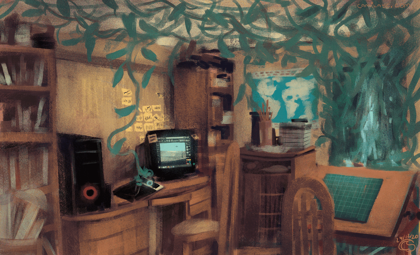 banner image that depicts my own studio, featuring some bookshelves, a world map, and fantasy vines creeping through the window, and picking up an stylus to creat digital art. In big blue letters there's the word 'HOME' splayed across it